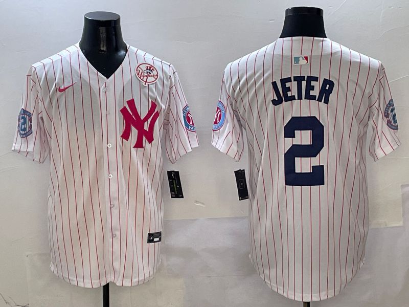 Men New York Yankees 2 Jeter White Stripe Jointly Name Nike 2025 MLB Jersey style 5